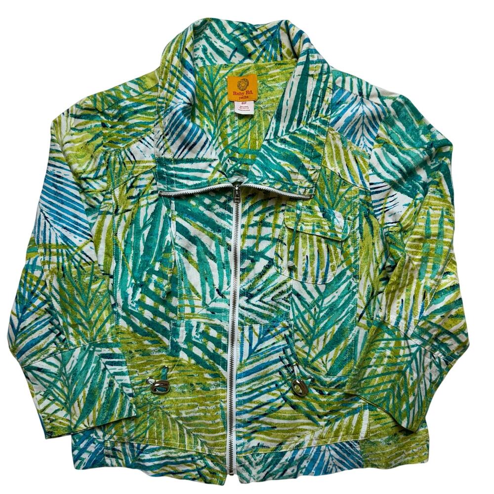 Ruby Rd Linen Jacket Womens 8 Petite Green Zip Up Tropical Hawaiian Casual
